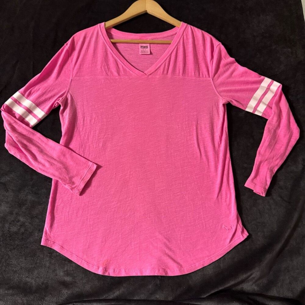Victoria's Secret PINK Sm Hot Pink Sheer Long Sleeve Varsity Striped Logo V-Neck